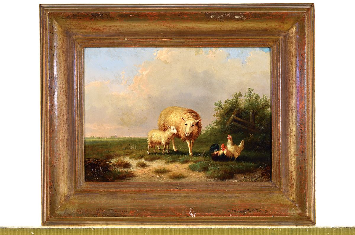 Detail k: Auguste Coomans, um 1855-1896, 2 Landschaften mit Schafen, 1x signiert und datiert 1874, Öl/Holzplatte, Alterssp., 23x33/22x27 cm, je gerahmt ...