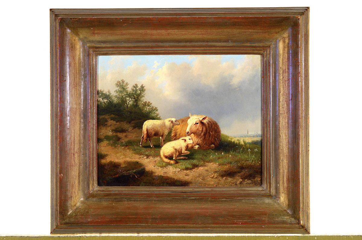Detail l: Auguste Coomans, um 1855-1896, 2 Landschaften mit Schafen, 1x signiert und datiert 1874, Öl/Holzplatte, Alterssp., 23x33/22x27 cm, je gerahmt ...