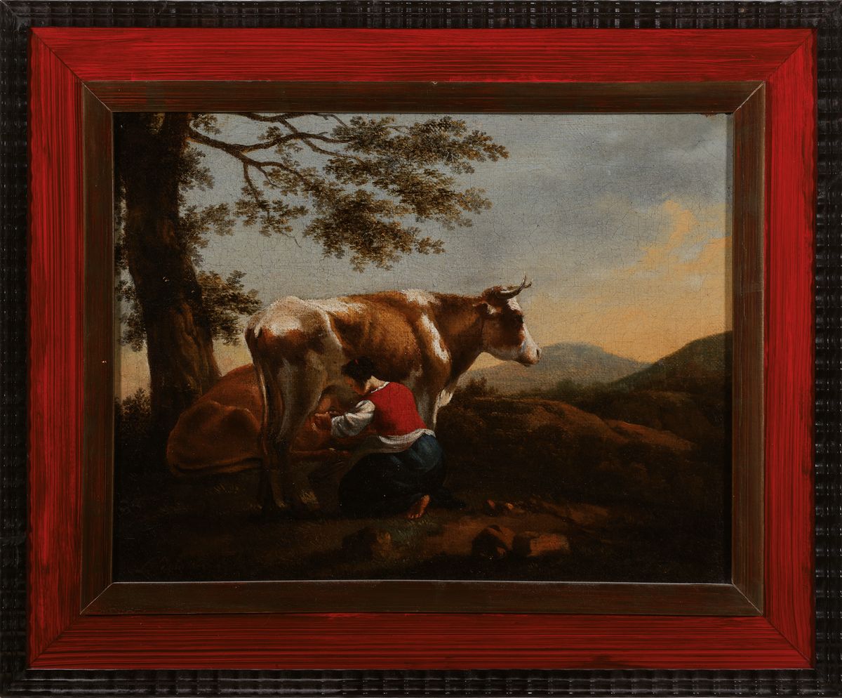 Detail k: Jan Franz Soolmaker, 1635-1685, pastorale Landschaft mit Magd beim melken einer Kuh, links unten signiert Solemacker f.(ecit), Öl/Lwd, restauriert, ...