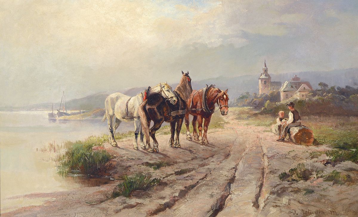 Johanna von Astudin-Meinke, Malerin des 20.Jh., "Rastende Treidelpferde" so verso auf altem Etikett bez., Bauer mit Rückepferden bei der ...