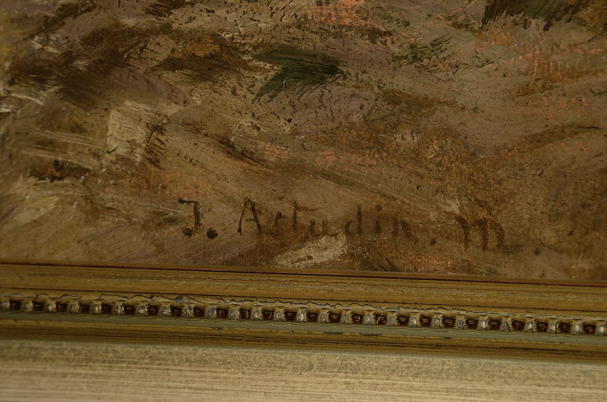 Detail a: Johanna von Astudin-Meinke, Malerin des 20.Jh., "Rastende Treidelpferde" so verso auf altem Etikett bez., Bauer mit Rückepferden bei der ...