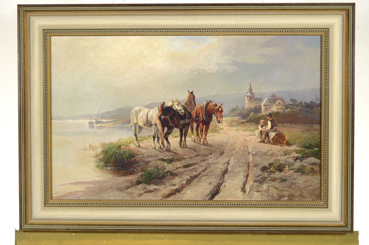 Detail k: Johanna von Astudin-Meinke, Malerin des 20.Jh., "Rastende Treidelpferde" so verso auf altem Etikett bez., Bauer mit Rückepferden bei der ...