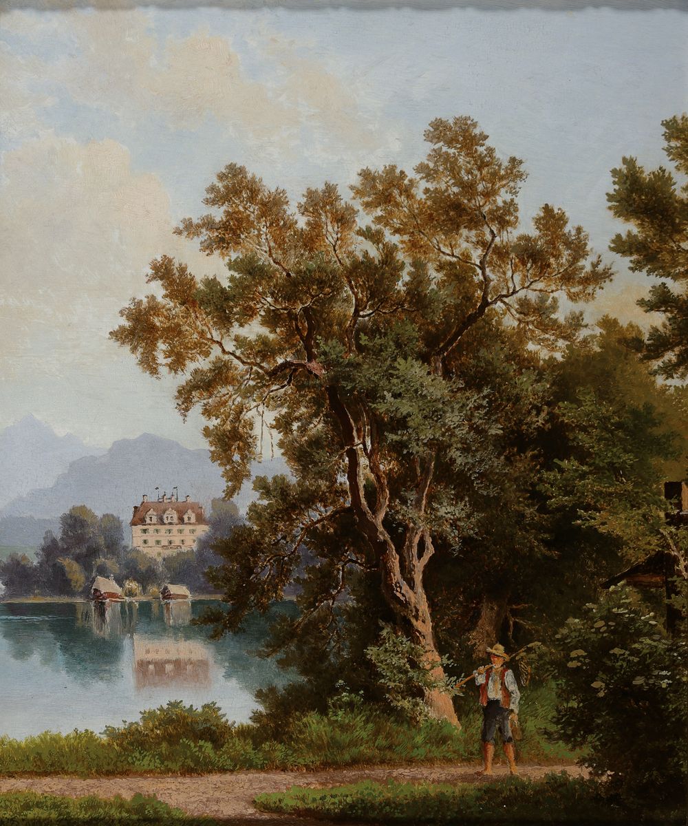 Carl Prestele, 1839-?, junger Knabe in Voralpenlandschaft mit Schlossanlage, Öl/Holzplatte, Bildträger unten beschnitten, dabei entfernte Signatur ...
