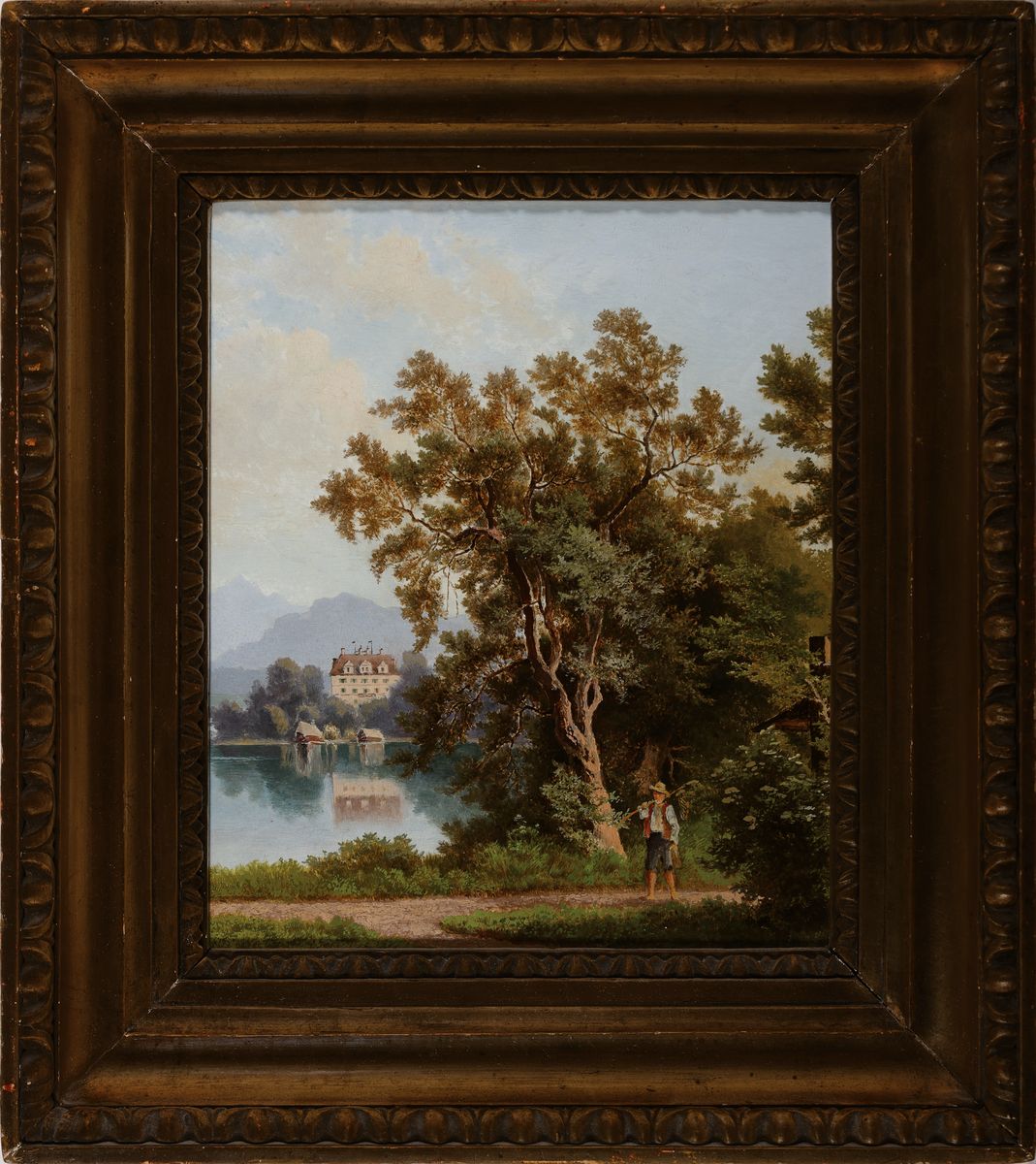 Detail k: Carl Prestele, 1839-?, junger Knabe in Voralpenlandschaft mit Schlossanlage, Öl/Holzplatte, Bildträger unten beschnitten, dabei entfernte Signatur ...
