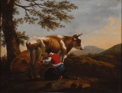 Image 26622462 - Jan Franz Soolmaker, 1635-1685, pastoral landscape with maid milking a cow, signed lower left Solemacker f.(ecit), oil/canvas, restored, crazed, age range, 26x34 cm, frame 37x45 cm