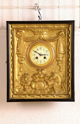 Image Larger frame clock, Black Forest around 1870/80, case restored, embossed brass border (sec. bronzed), originally with wooden plate movement, replaced by French pendulum movement brand: Vincenti, with enamel dial, parts of the fine adjustment removed, half hours, Strike on gong, serial approx. 1 week, H. approx. 38.5cm, condition of movement/housing 2