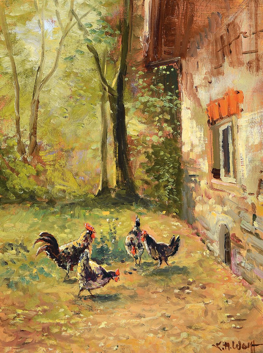 Detail a: Karl August Wolff, geb. 1938 Ludwigshafen am Rhein, 2 Arbeiten in Öl auf Lwd, beide sign., 1x Hühner auf dem Hof, ca. 40x30cm, R. ca. 52x42cm; 1x ...
