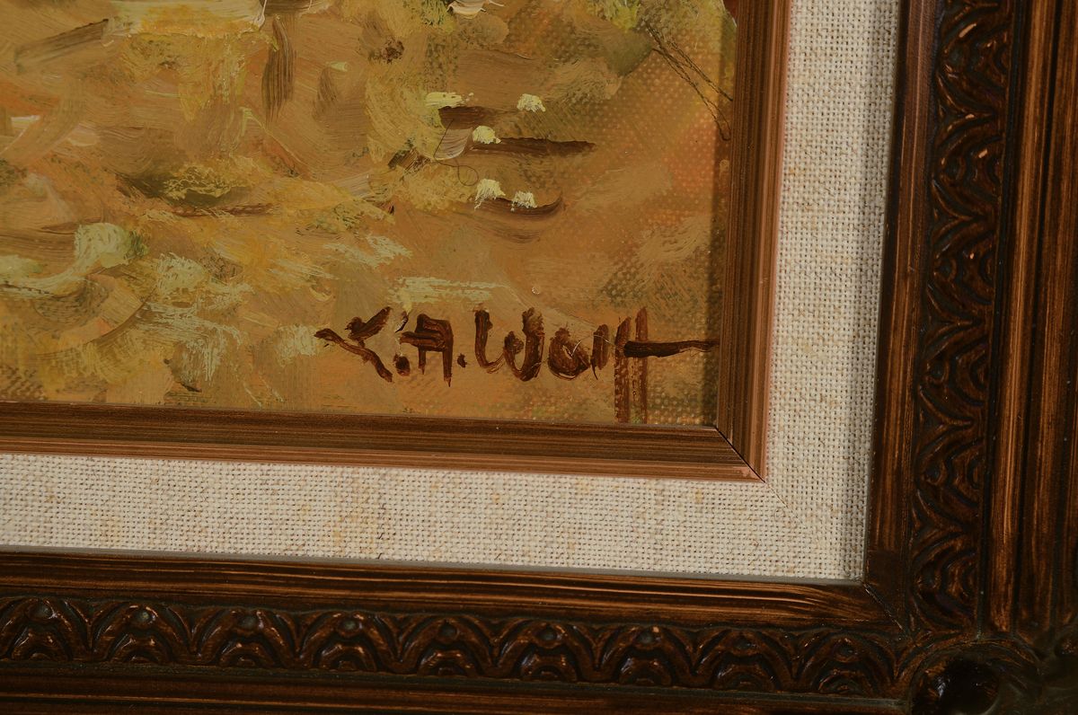 Detail b: Karl August Wolff, geb. 1938 Ludwigshafen am Rhein, 2 Arbeiten in Öl auf Lwd, beide sign., 1x Hühner auf dem Hof, ca. 40x30cm, R. ca. 52x42cm; 1x ...