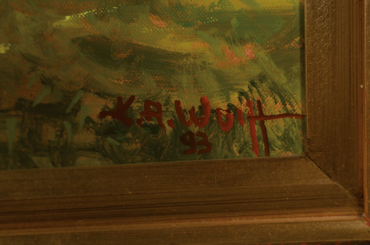 Detail c: Karl August Wolff, geb. 1938 Ludwigshafen am Rhein, 2 Arbeiten in Öl auf Lwd, beide sign., 1x Hühner auf dem Hof, ca. 40x30cm, R. ca. 52x42cm; 1x ...