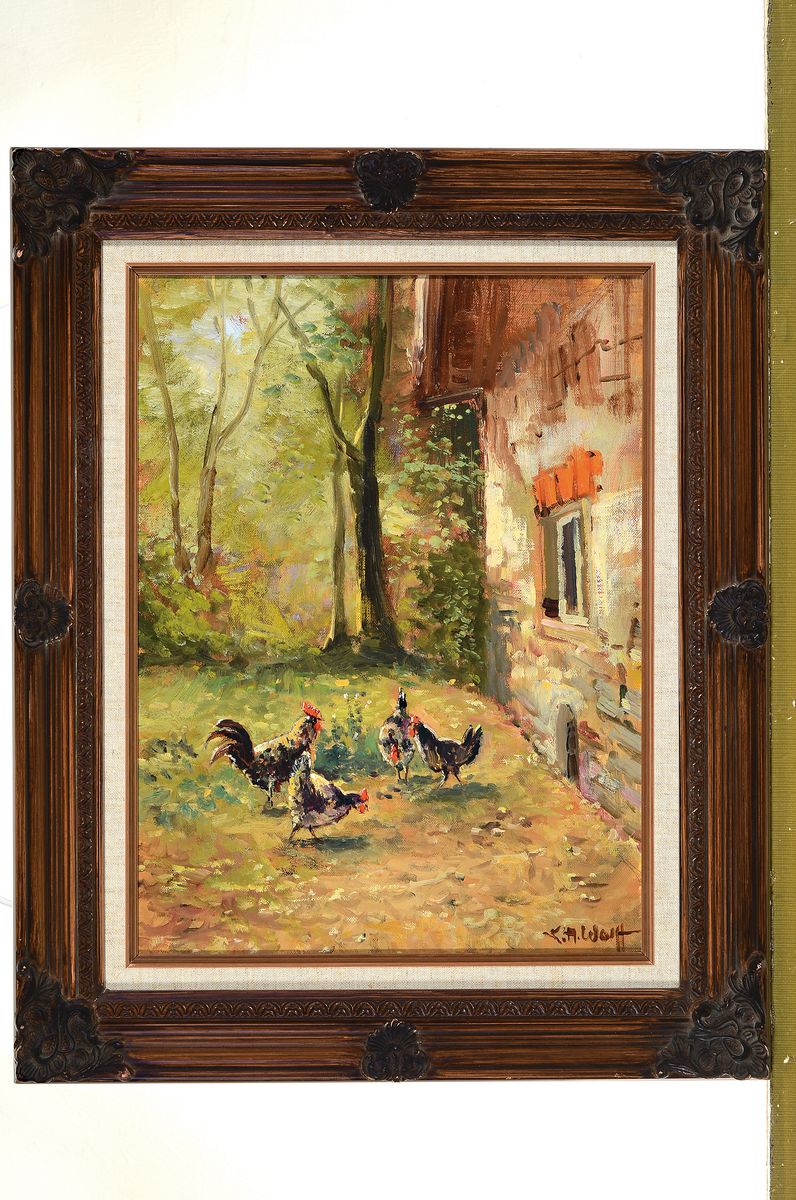 Detail l: Karl August Wolff, geb. 1938 Ludwigshafen am Rhein, 2 Arbeiten in Öl auf Lwd, beide sign., 1x Hühner auf dem Hof, ca. 40x30cm, R. ca. 52x42cm; 1x ...