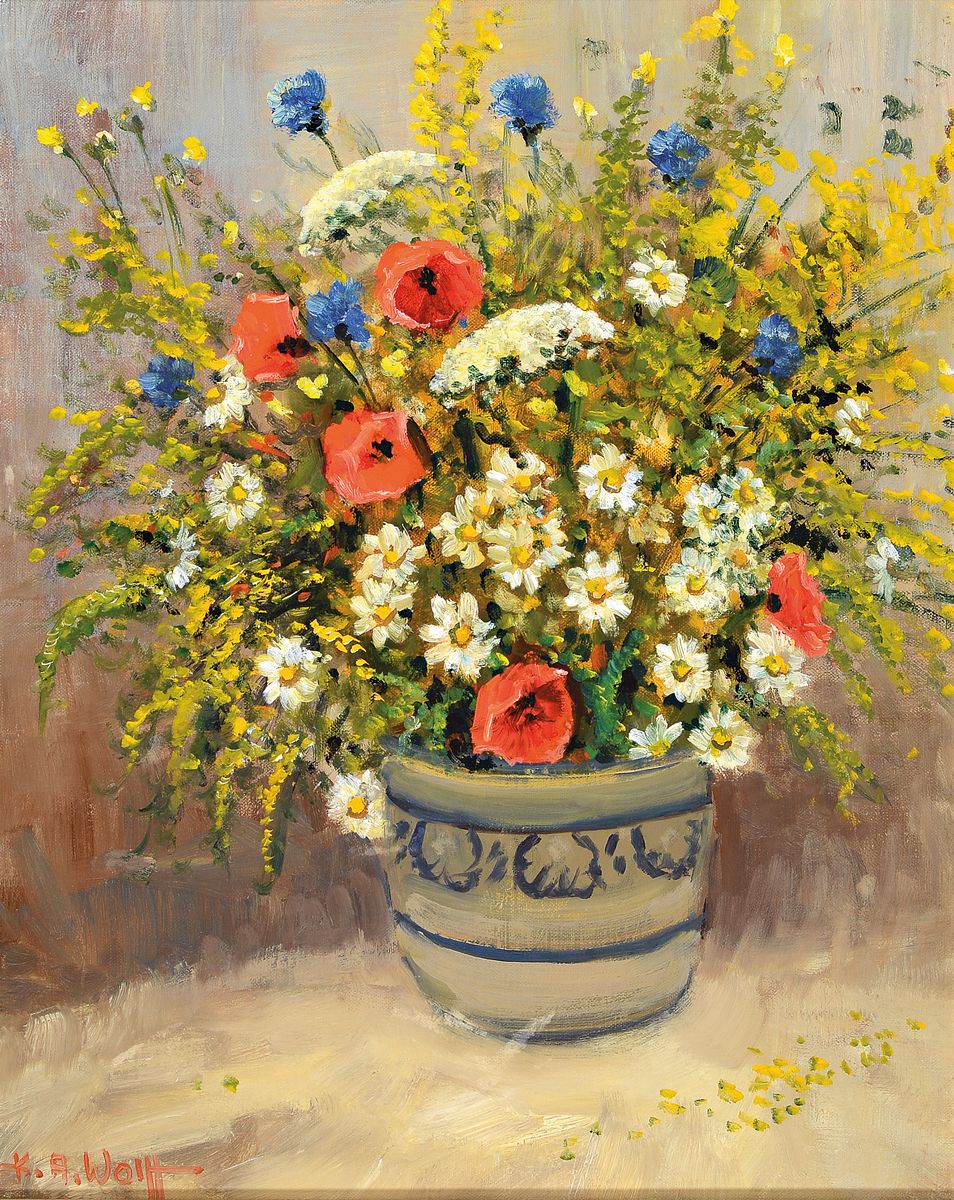Karl August Wolff, geb. 1938 Ludwigshafen am Rhein, 2 Blumenstillleben, Öl/Lwd, beide sign., Flieder in Kupfervase, ca. 50x40cm, R. ca. 61x51cm; ...