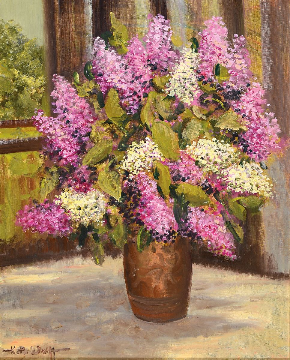 Detail b: Karl August Wolff, geb. 1938 Ludwigshafen am Rhein, 2 Blumenstillleben, Öl/Lwd, beide sign., Flieder in Kupfervase, ca. 50x40cm, R. ca. 61x51cm; ...