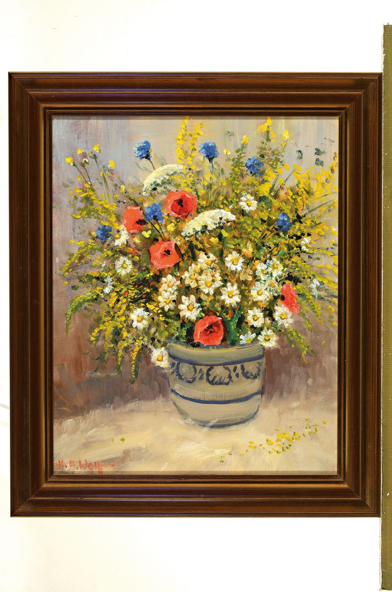 Detail k: Karl August Wolff, geb. 1938 Ludwigshafen am Rhein, 2 Blumenstillleben, Öl/Lwd, beide sign., Flieder in Kupfervase, ca. 50x40cm, R. ca. 61x51cm; ...