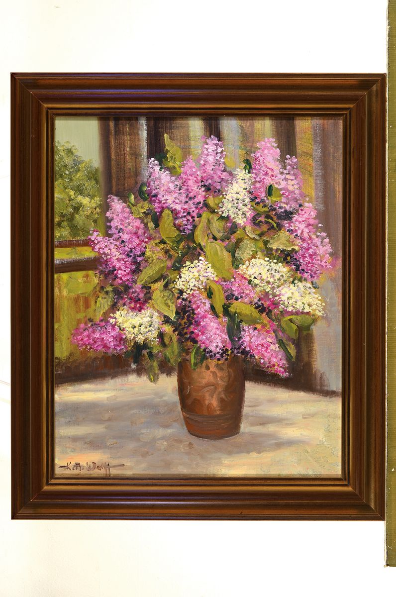 Detail m: Karl August Wolff, geb. 1938 Ludwigshafen am Rhein, 2 Blumenstillleben, Öl/Lwd, beide sign., Flieder in Kupfervase, ca. 50x40cm, R. ca. 61x51cm; ...