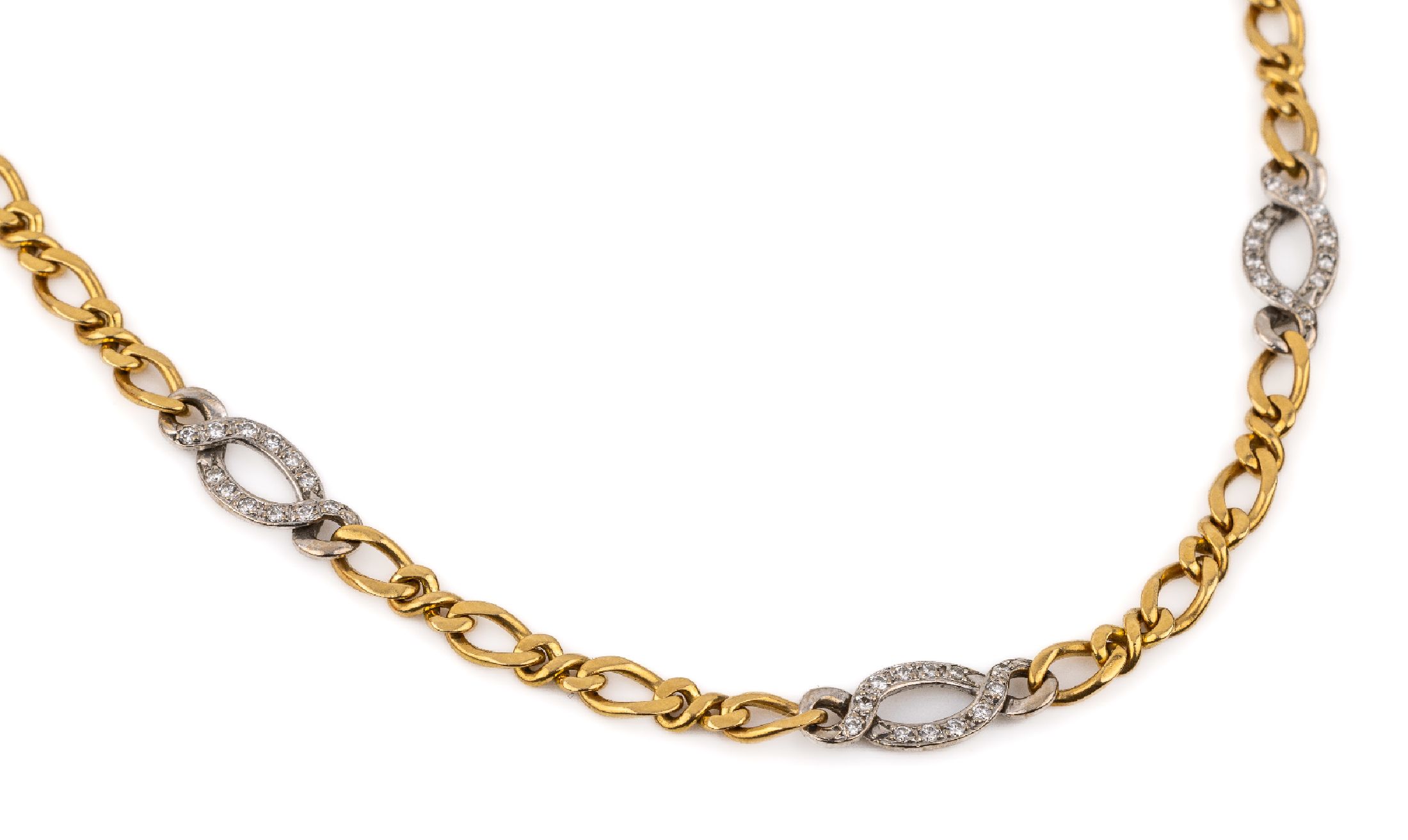 18 kt Gold Kette mit Brillanten, GG/WG 750/000, 6 WG Glieder mit Brillanten zus. ca. 0.60 ct Weiß/si, L. ca. 94 cm, endlos, ca. 44.7 g