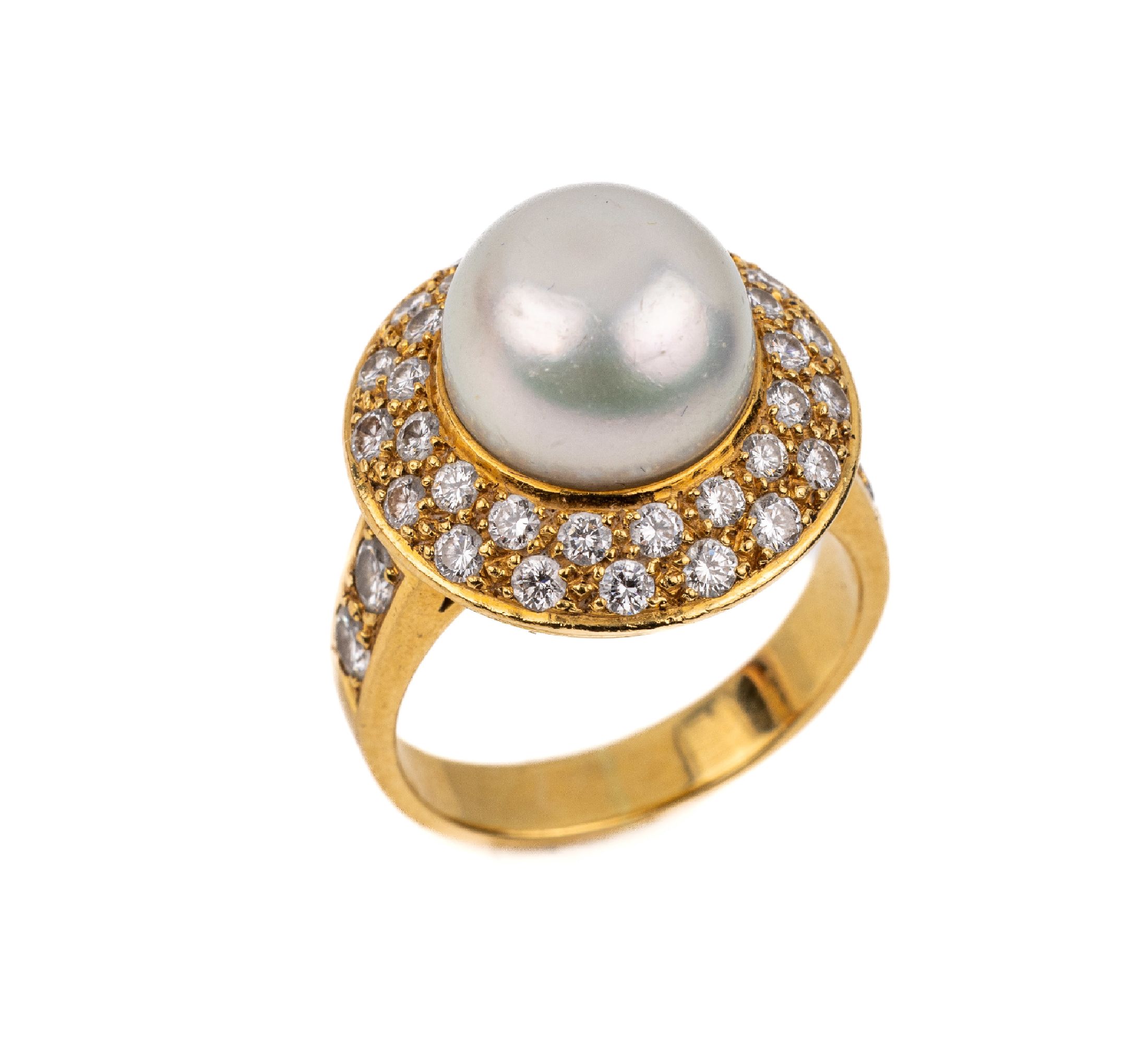 18 kt Gold Perl Diamant Ring, GG 750/000, weiße Südseezuchtperle D ca. 11.6 mm, nat. Merkmale, Brillanten zus. ca. 2.0 ct feines Weiß-Weiß/si, ...