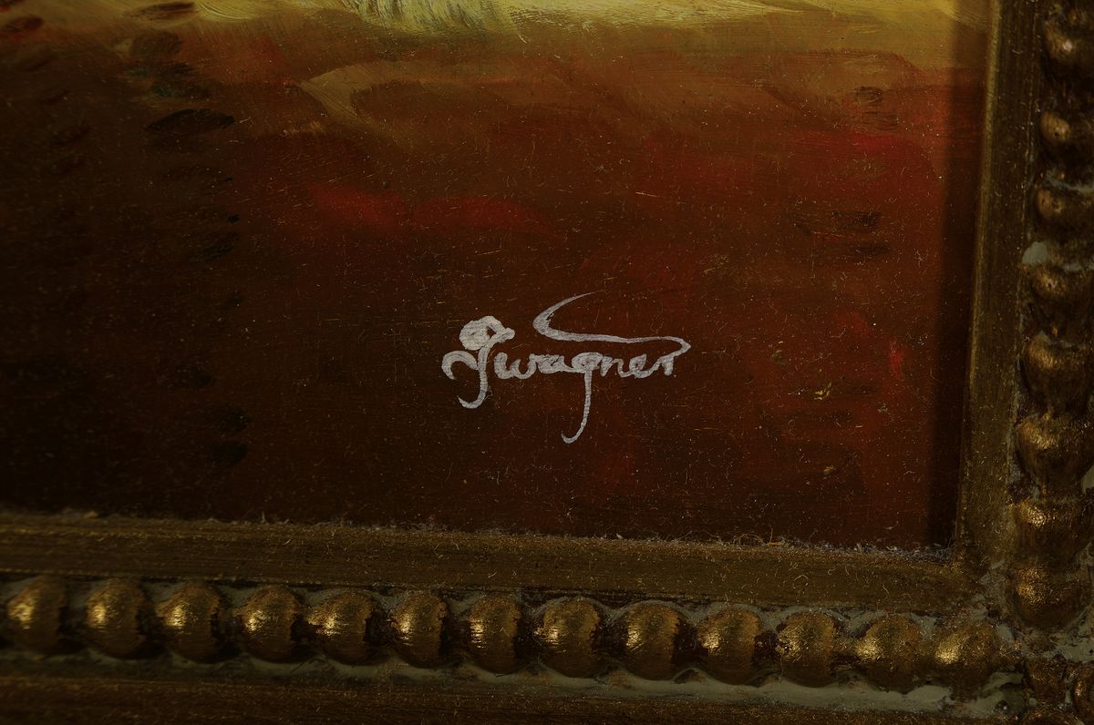 Detail a: Wagner, Kunstmaler des frühen 20.Jh., Stillleben, Pfingstrosenstrauß, gekonnte Wiedergabe der Stofflichkeit an den unterschiedlichen Materialien, ...