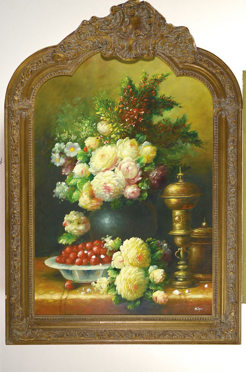 Detail k: Wagner, Kunstmaler des frühen 20.Jh., Stillleben, Pfingstrosenstrauß, gekonnte Wiedergabe der Stofflichkeit an den unterschiedlichen Materialien, ...