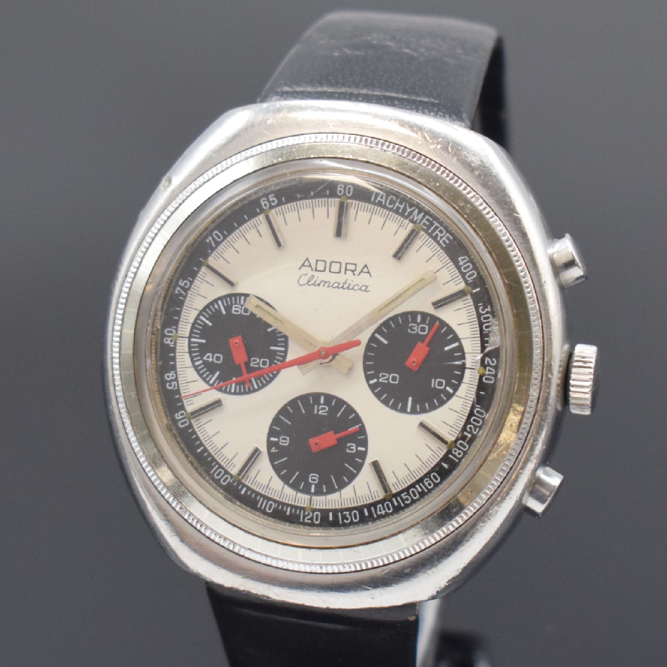 Detail a: ADORA Climatica Herrenchronograph in Stahl, Schweiz um 1968, Handaufzug, 2-teil. Geh., Boden geschr., silb. Zifferbl. m. aufges. Std.-Ind., schwarze ...