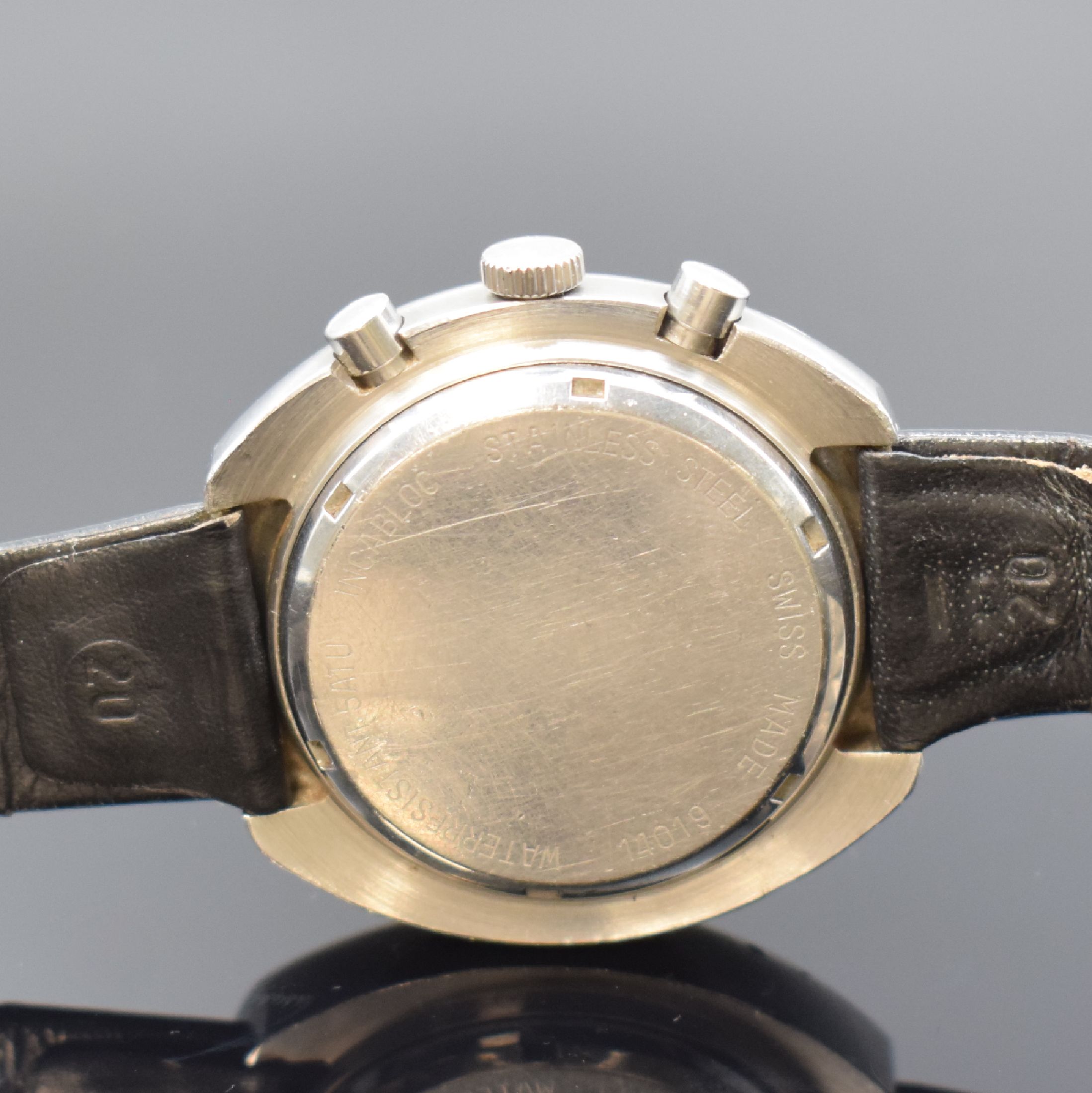 Detail c: ADORA Climatica Herrenchronograph in Stahl, Schweiz um 1968, Handaufzug, 2-teil. Geh., Boden geschr., silb. Zifferbl. m. aufges. Std.-Ind., schwarze ...