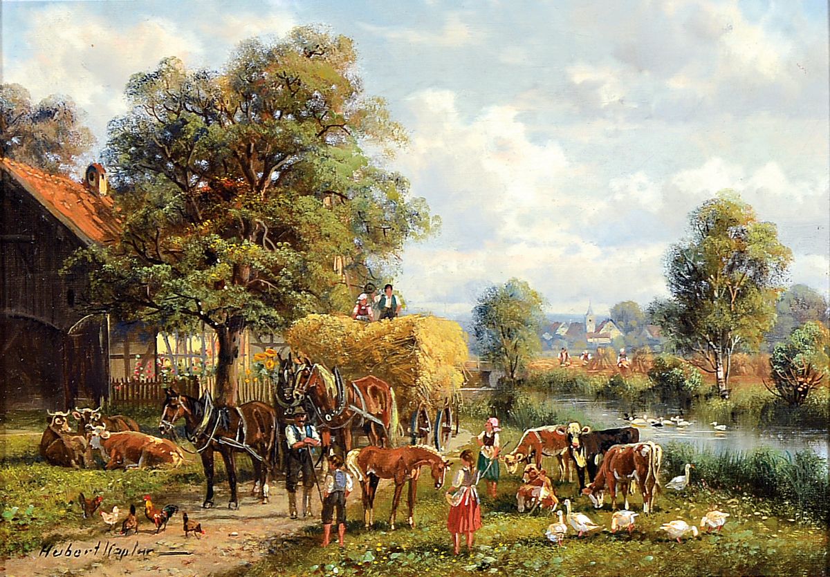Hubert Kaplan, geb. 1940, Hof mit Tieren und reicher Personenstaffage, feine Miniaturmalerei, schildernde Darstellung mit Bauern und Knabe, Mägde ...