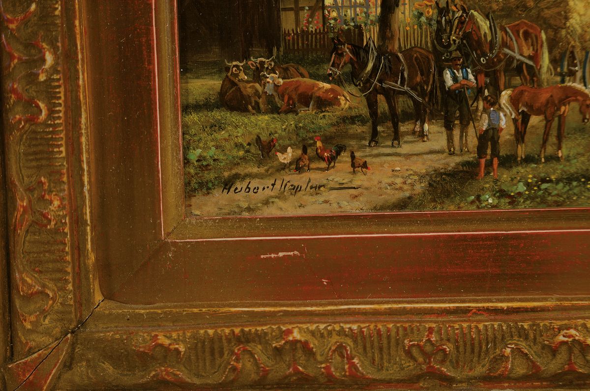 Detail a: Hubert Kaplan, geb. 1940, Hof mit Tieren und reicher Personenstaffage, feine Miniaturmalerei, schildernde Darstellung mit Bauern und Knabe, Mägde ...