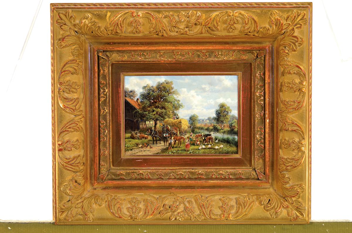 Detail k: Hubert Kaplan, geb. 1940, Hof mit Tieren und reicher Personenstaffage, feine Miniaturmalerei, schildernde Darstellung mit Bauern und Knabe, Mägde ...