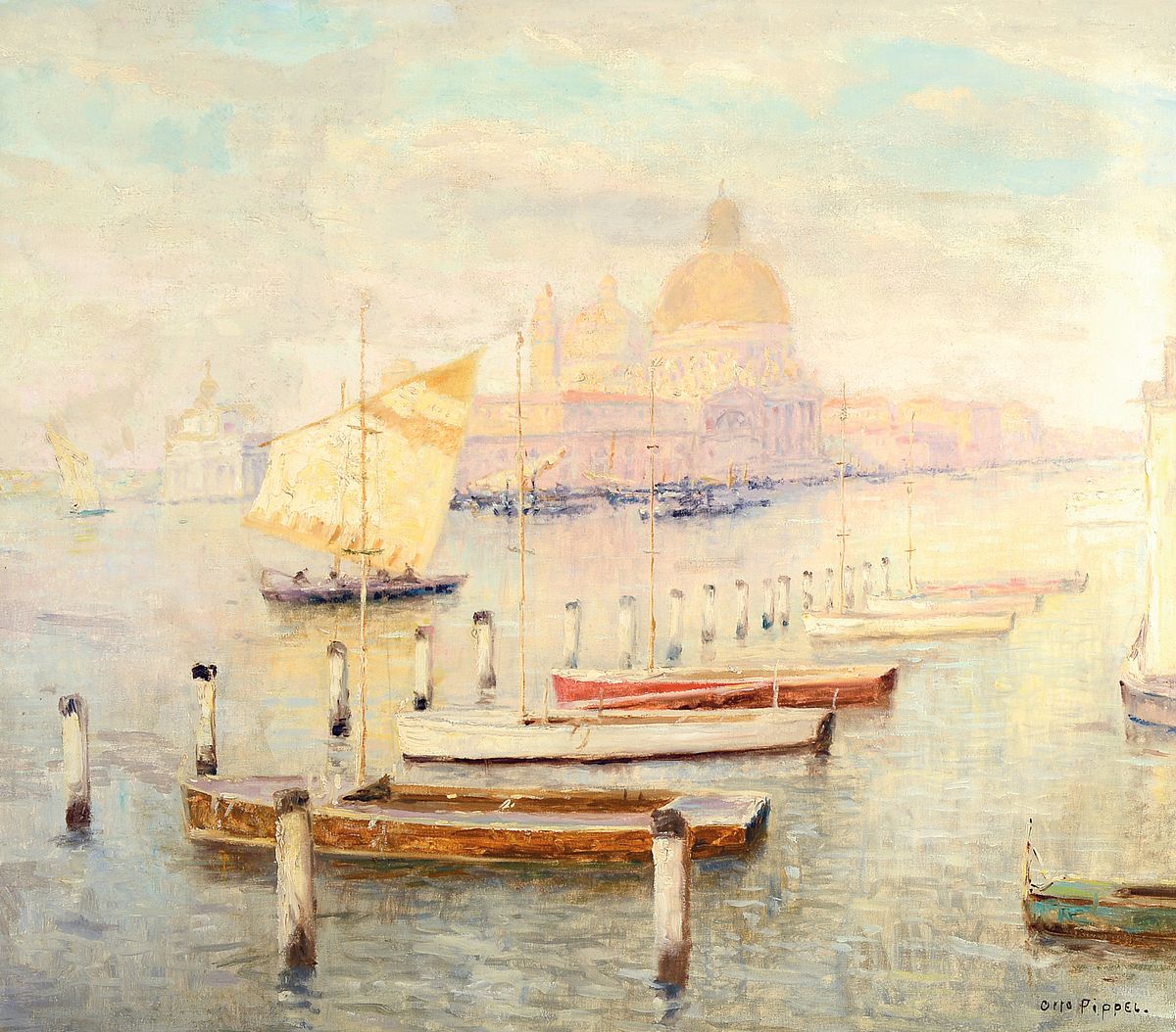 Otto Pippel, 1878 Lodz - 1960 Planegg, Studium in Straßburg, Akademie Karlsruhe und Dresden, hier: atmosphärische Venedig-Szenerie, Blick von San ...