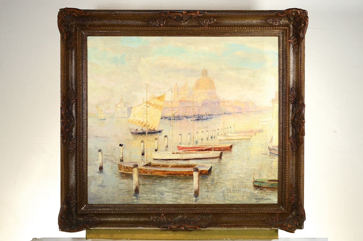 Detail k: Otto Pippel, 1878 Lodz - 1960 Planegg, Studium in Straßburg, Akademie Karlsruhe und Dresden, hier: atmosphärische Venedig-Szenerie, Blick von San ...