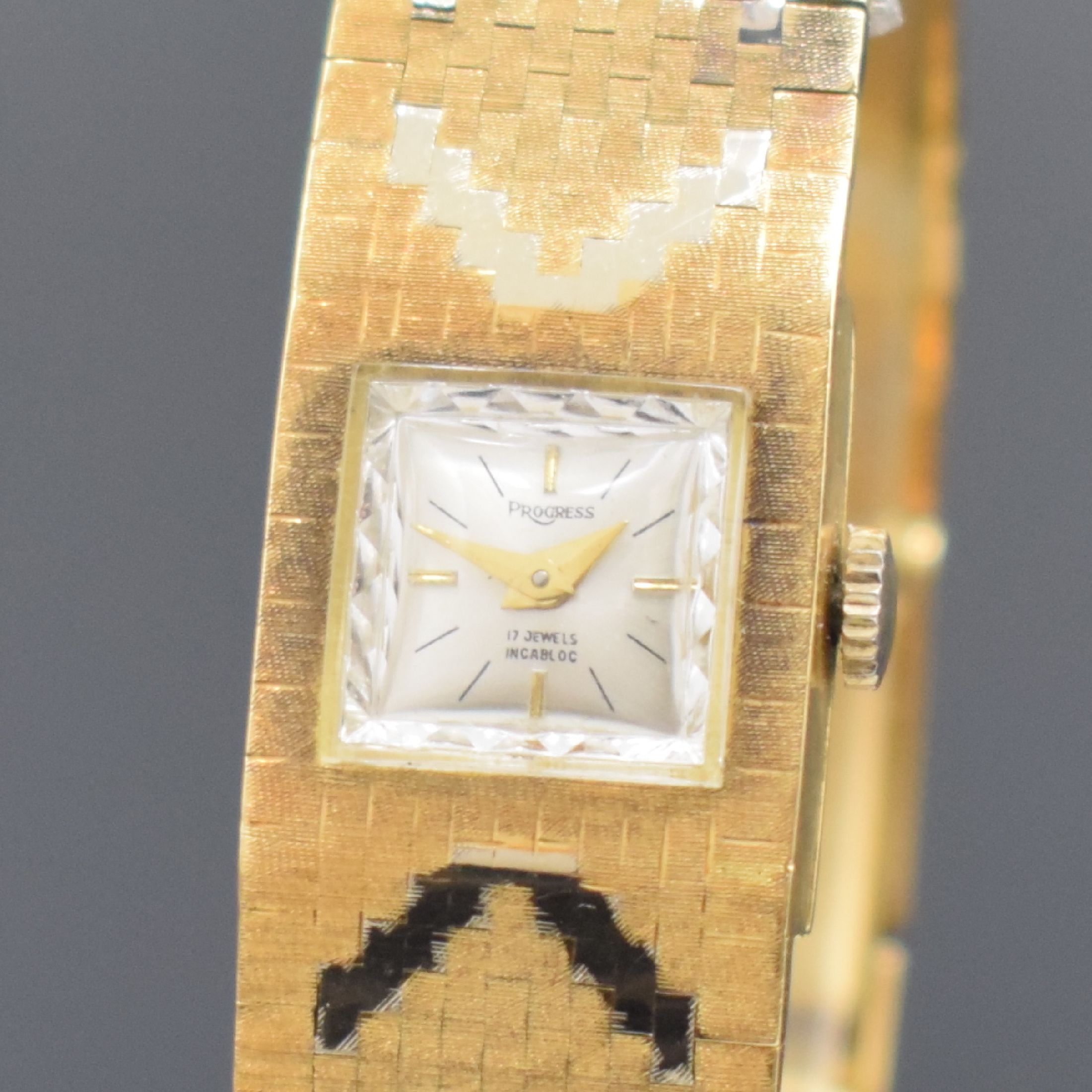 Detail a: PROGRESS Damenarmbanduhr in GG und WG 750/000, Schweiz um 1960, Handaufzug, 2- teil. Geh., Boden aufgedr., Milanaiseband, silb. Zifferbl., gold. ...