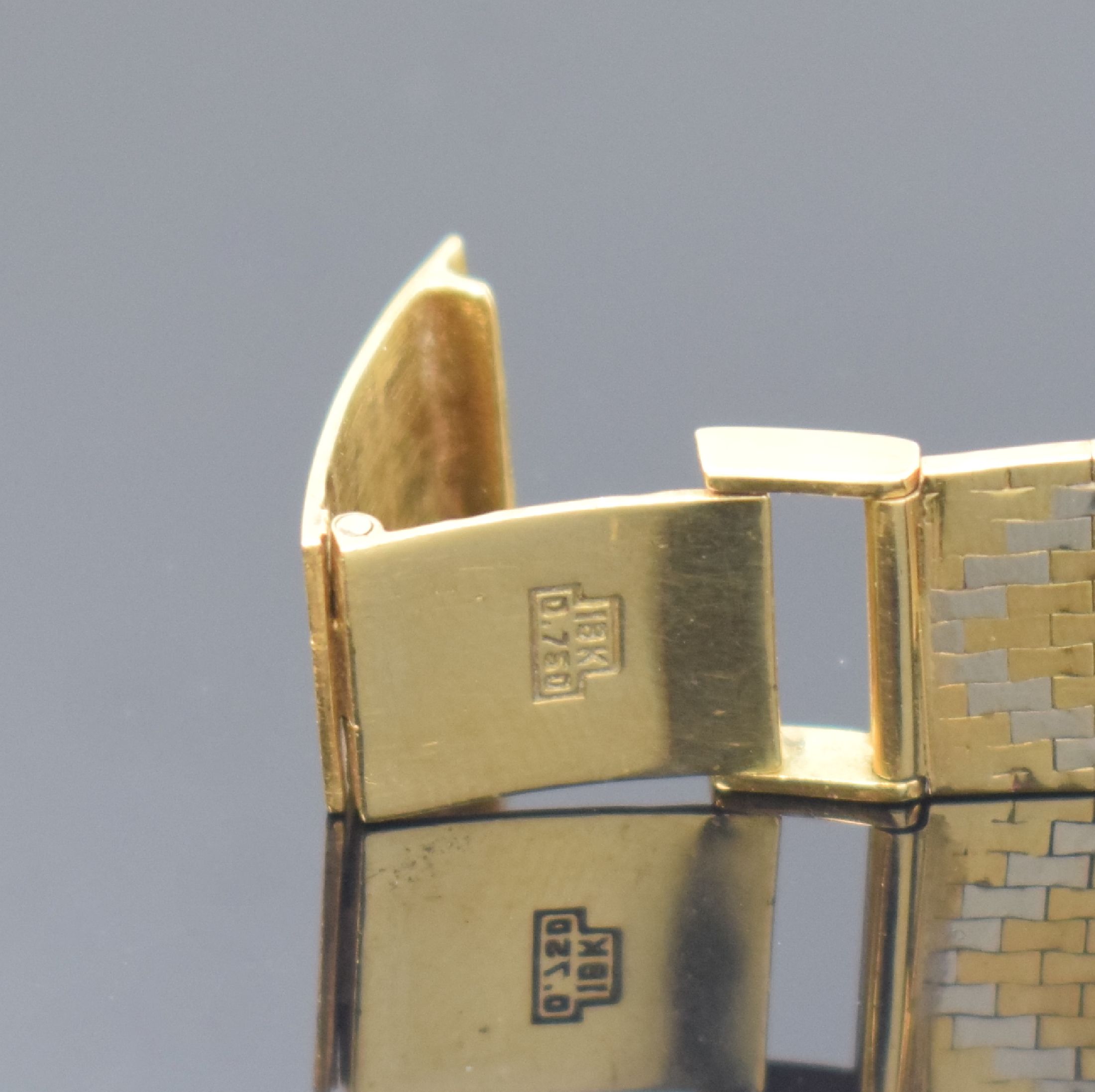 Detail b: PROGRESS Damenarmbanduhr in GG und WG 750/000, Schweiz um 1960, Handaufzug, 2- teil. Geh., Boden aufgedr., Milanaiseband, silb. Zifferbl., gold. ...