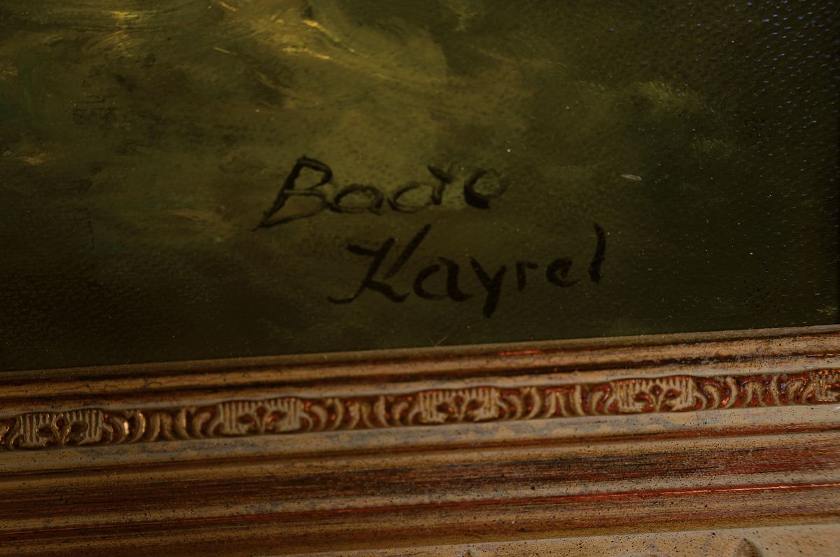 Detail a: Bodo Kayrel, 1913, Früchtestillleben mit Trauben, Melone und Pfirsischen, signiert, Öl/Lwd, Rahmen 87x117 cm