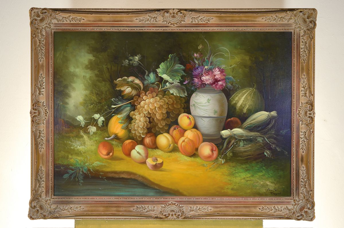 Detail k: Bodo Kayrel, 1913, Früchtestillleben mit Trauben, Melone und Pfirsischen, signiert, Öl/Lwd, Rahmen 87x117 cm