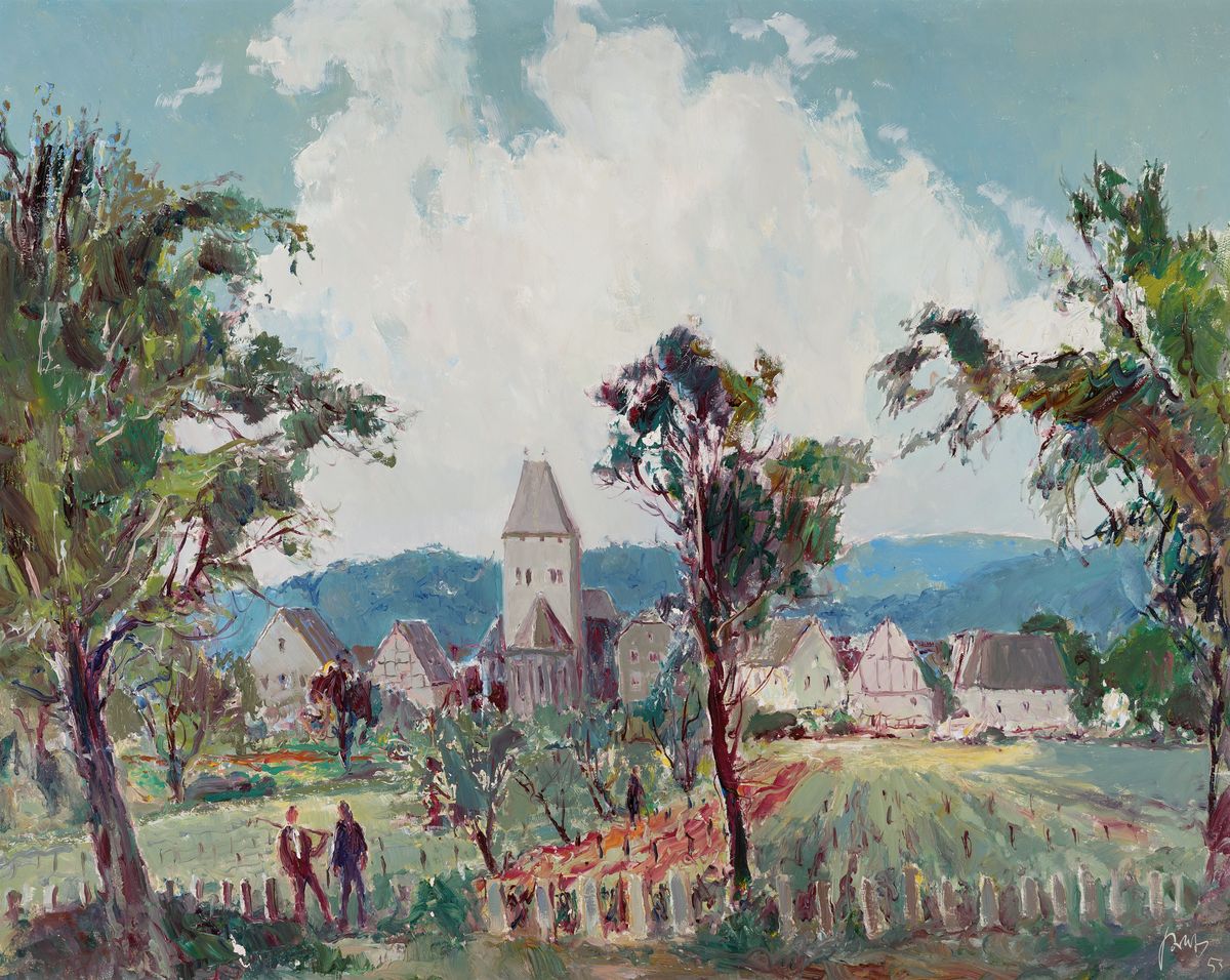 Karl Graf, 1902-1986 Speyer, Ansicht aus Niederkirchen, Öl/Platte, signiert und dat. 53, rückseitig betitelt Niederkirchen, nach einer Zeichnung ...