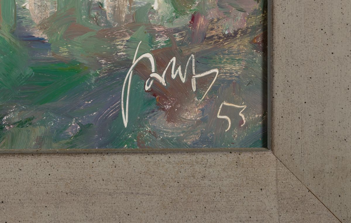 Detail a: Karl Graf, 1902-1986 Speyer, Ansicht aus Niederkirchen, Öl/Platte, signiert und dat. 53, rückseitig betitelt Niederkirchen, nach einer Zeichnung ...
