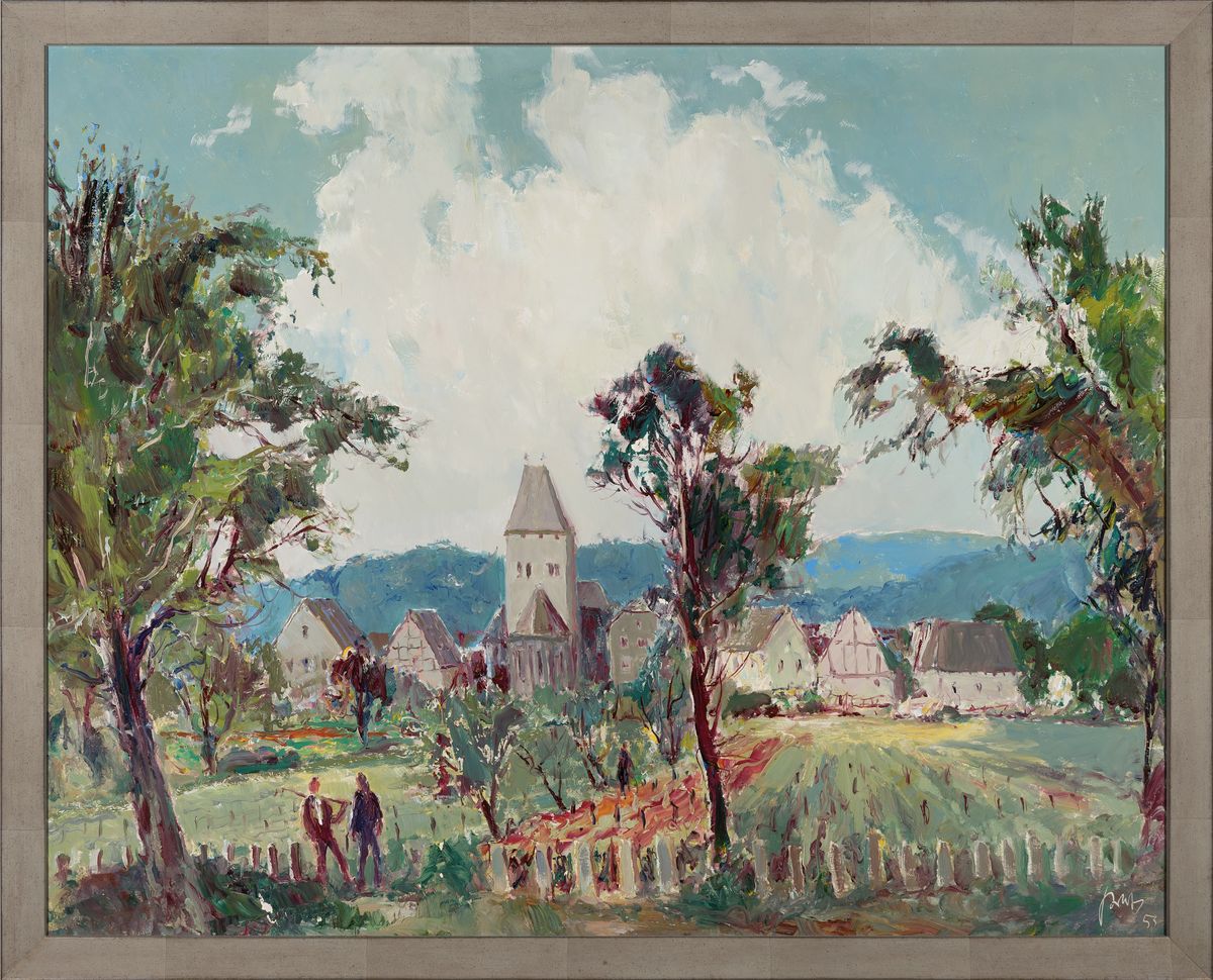 Detail k: Karl Graf, 1902-1986 Speyer, Ansicht aus Niederkirchen, Öl/Platte, signiert und dat. 53, rückseitig betitelt Niederkirchen, nach einer Zeichnung ...
