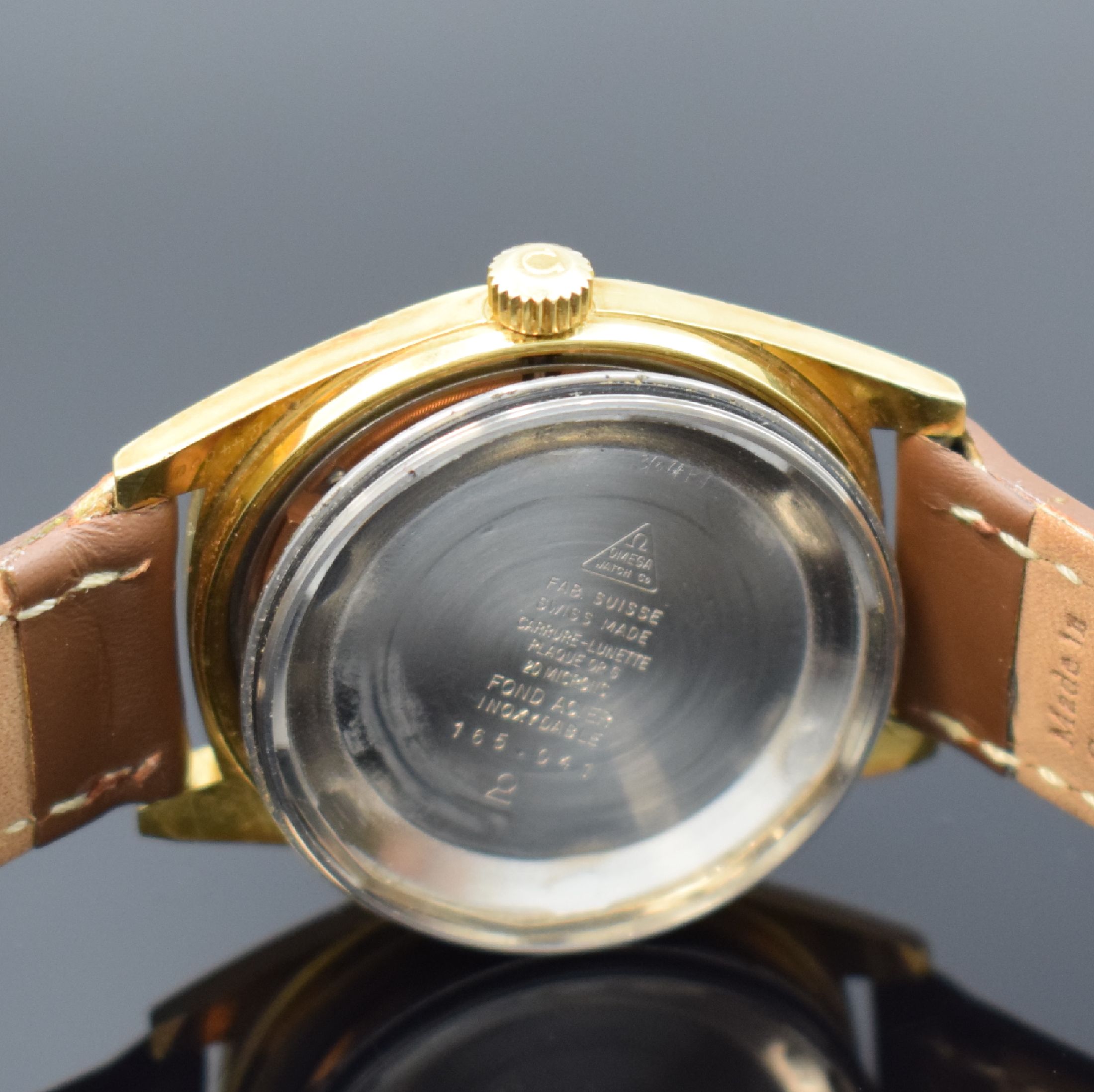 Detail f: OMEGA Geneve Herrenarmbanduhr Referenz 165.041, Schweiz um 1968, Automatik, verg. Gehäuse, geschr. Stahlboden, verg. Zifferbl. m. aufges. Std.-Ind., ...