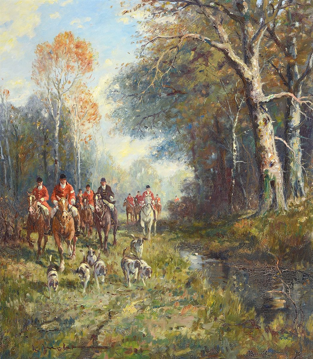 Karl Mohr, 1922 Düsseldorf - 2013, Parforcejagd, Öl/Lwd, li. u. signiert, ca. 80 x 70 cm, Prunkrahmen ca. 100 x 87 cm , kl. Farbabblätterungen