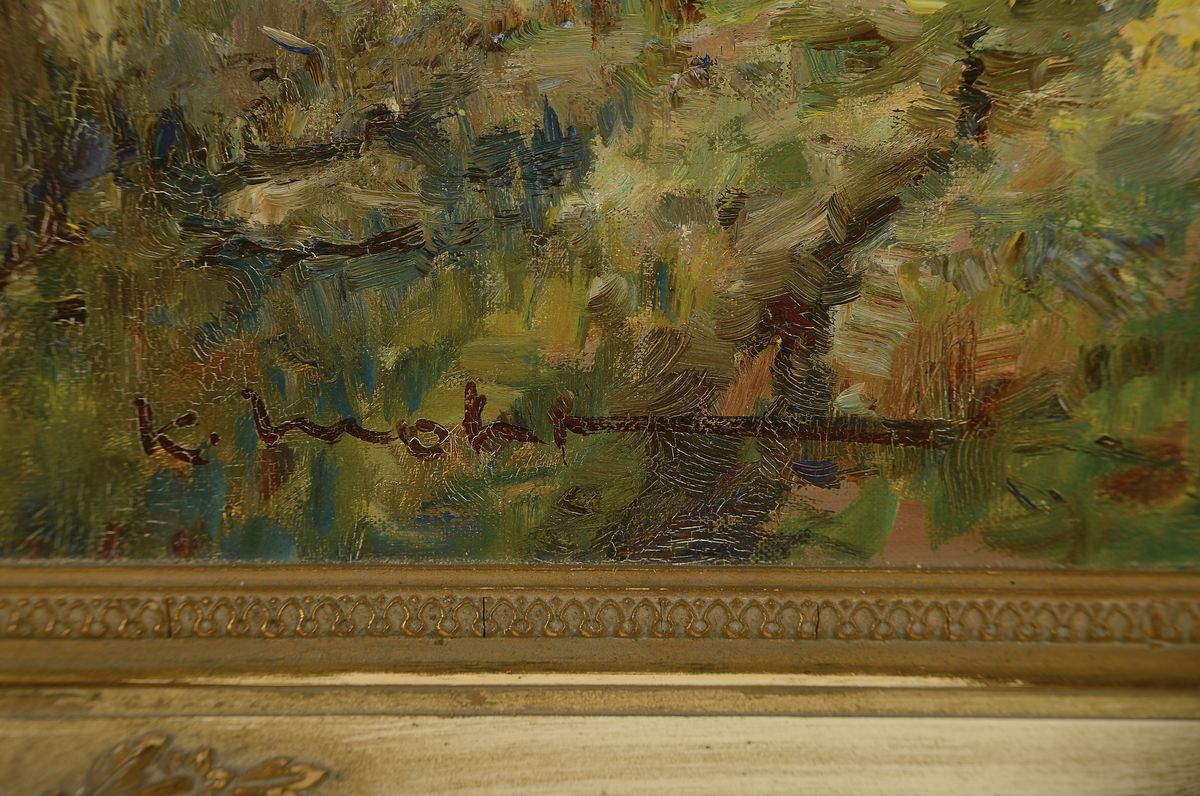 Detail a: Karl Mohr, 1922 Düsseldorf - 2013, Parforcejagd, Öl/Lwd, li. u. signiert, ca. 80 x 70 cm, Prunkrahmen ca. 100 x 87 cm , kl. Farbabblätterungen