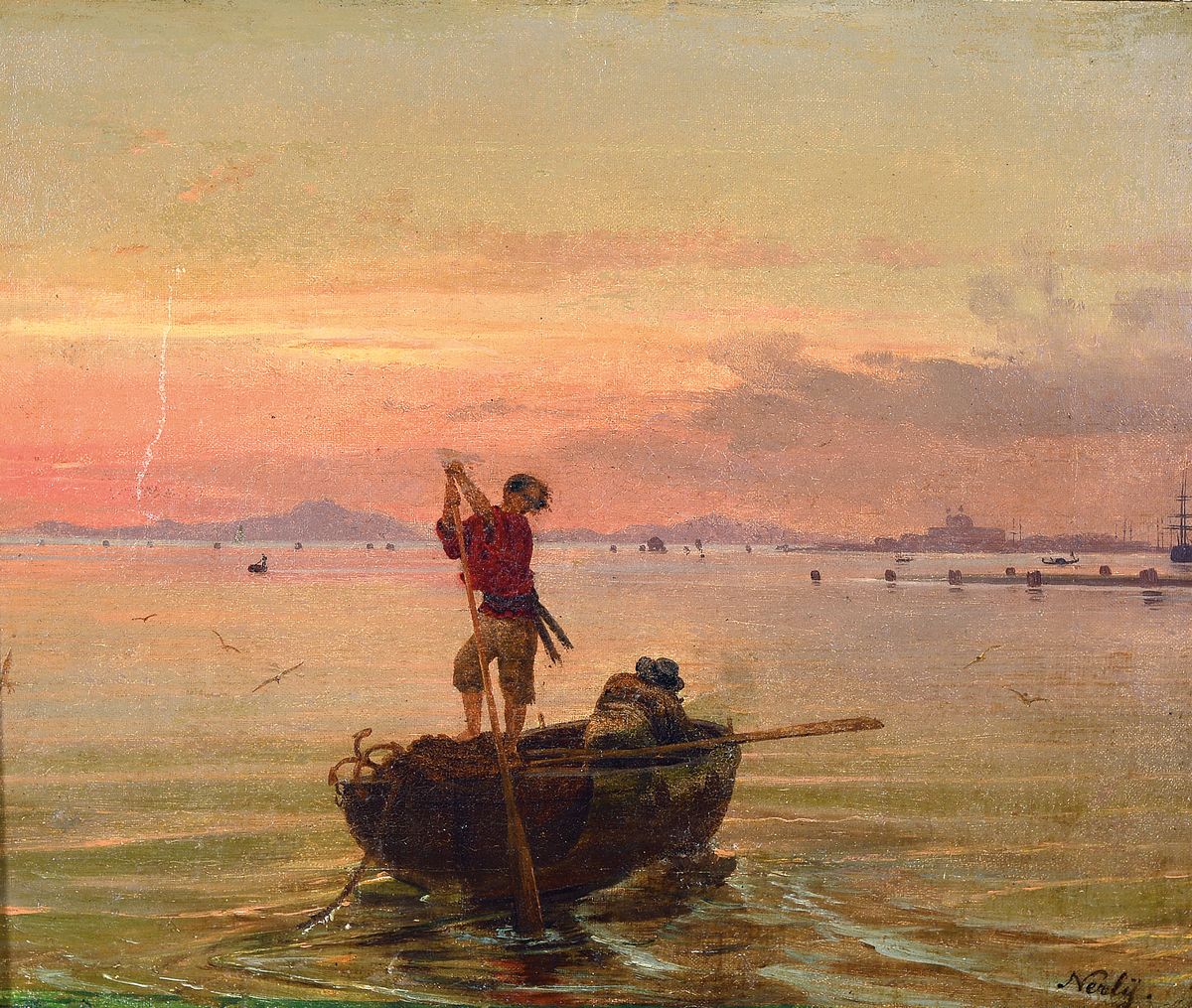 Zuschreibung: Friedrich Nerly (Friedrich Nehrlich), 1807 Erfurt-1878 Venedig, Fischer in ihrem Boot bei Sonnenaufgang, im Hintergrund die Lagune von ...