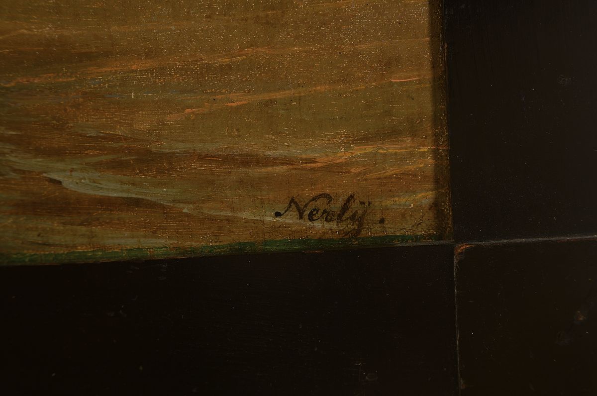 Detail a: Zuschreibung: Friedrich Nerly (Friedrich Nehrlich), 1807 Erfurt-1878 Venedig, Fischer in ihrem Boot bei Sonnenaufgang, im Hintergrund die Lagune von ...