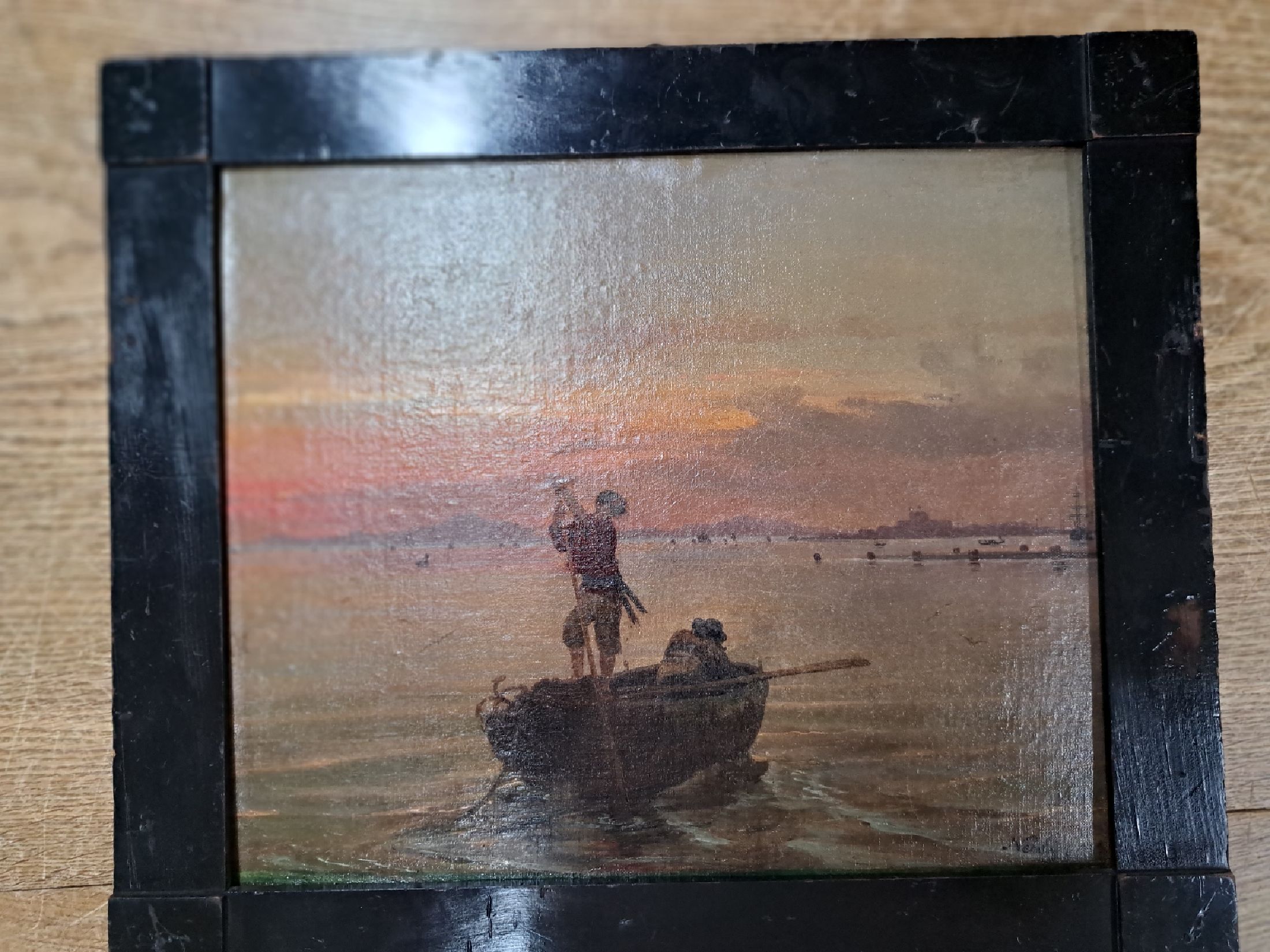 Detail d: Zuschreibung: Friedrich Nerly (Friedrich Nehrlich), 1807 Erfurt-1878 Venedig, Fischer in ihrem Boot bei Sonnenaufgang, im Hintergrund die Lagune von ...