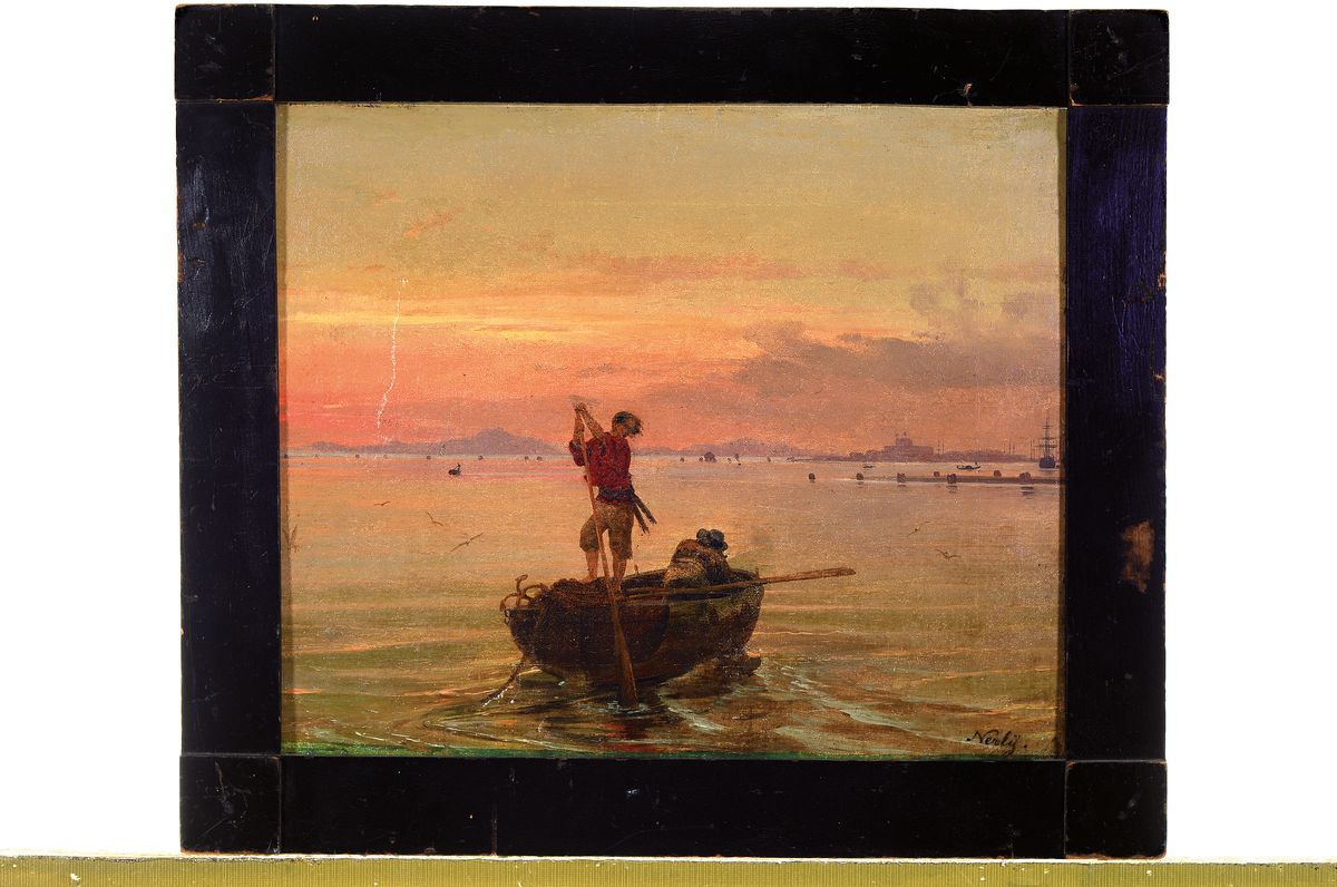 Detail k: Zuschreibung: Friedrich Nerly (Friedrich Nehrlich), 1807 Erfurt-1878 Venedig, Fischer in ihrem Boot bei Sonnenaufgang, im Hintergrund die Lagune von ...