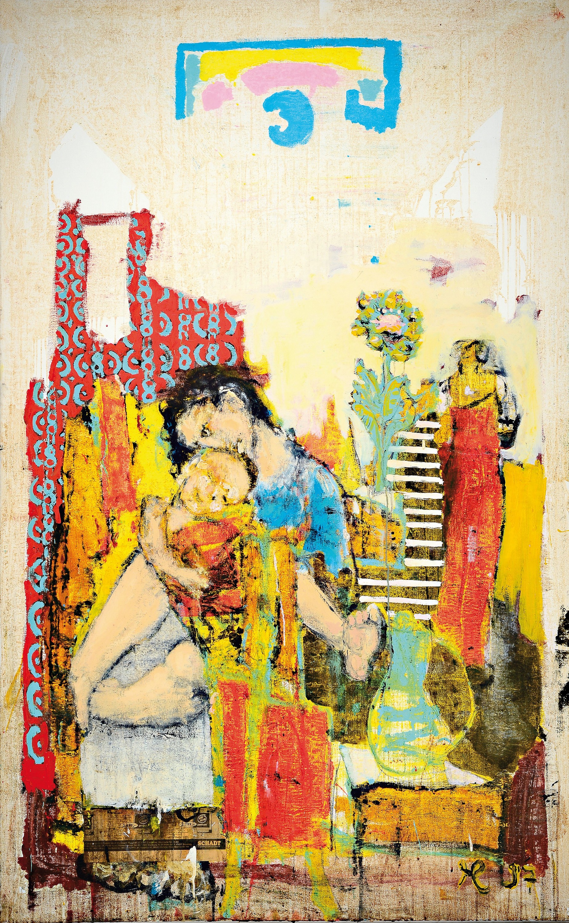 Heinz Morszoeck, geb. 1961, Meisterschüler von Markus Lüpertz, hier: Mutter mit Kind, Acryl und Gouache, collagiert, rechts unten monogr. und dat. ...