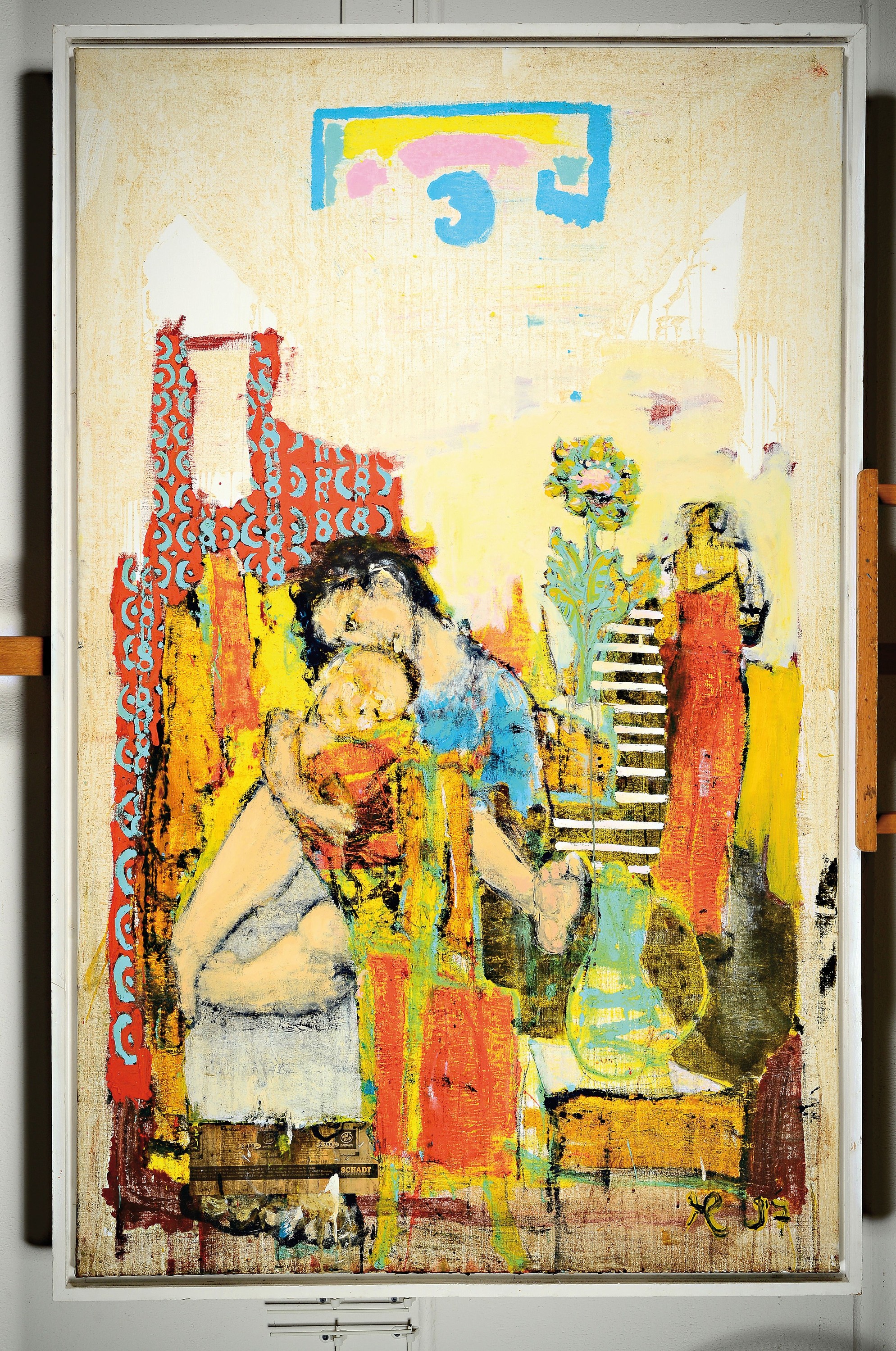 Detail k: Heinz Morszoeck, geb. 1961, Meisterschüler von Markus Lüpertz, hier: Mutter mit Kind, Acryl und Gouache, collagiert, rechts unten monogr. und dat. ...