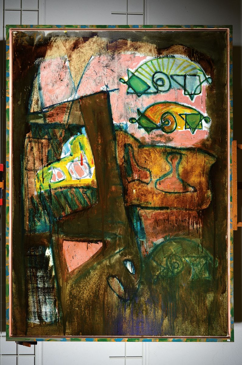 Detail k: Heinz Morszoeck, geb. 1961, Meisterschüler von Markus Lüpertz, hier: Konzept Probe, Acrylund Mischtechnik, links oben monogr. und dat. 92, ca. ...