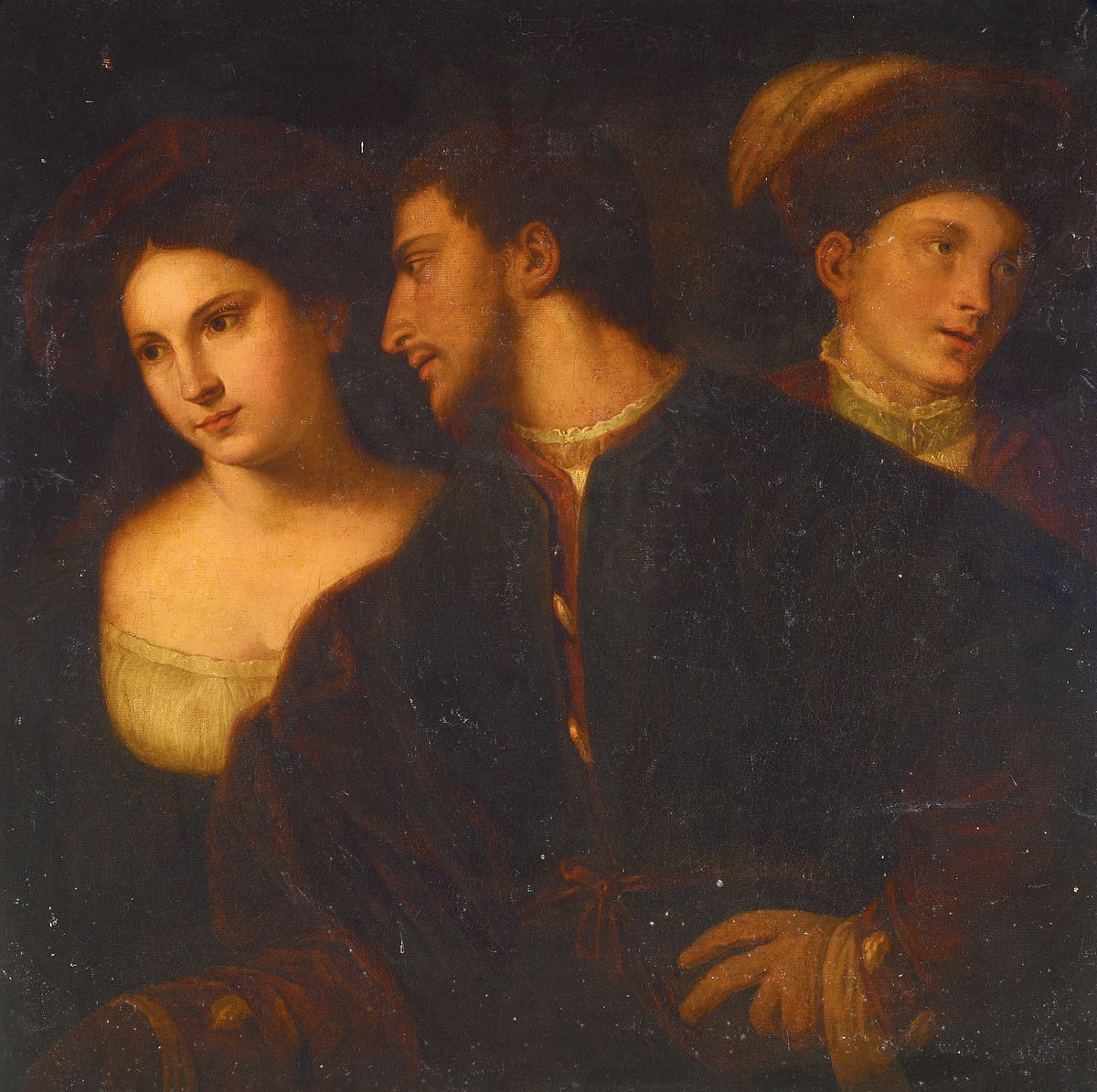 Kopie nach Tizian: Selbstbildnis mit zwei Frauen, spätes 19.Jh., Öl/Lwd, restauriert und doubliert, ohne Rahmen, 78x77 cm