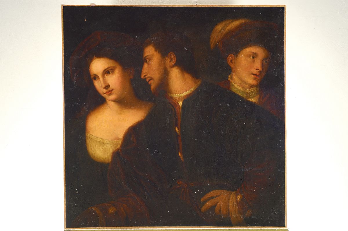 Detail k: Kopie nach Tizian: Selbstbildnis mit zwei Frauen, spätes 19.Jh., Öl/Lwd, restauriert und doubliert, ohne Rahmen, 78x77 cm