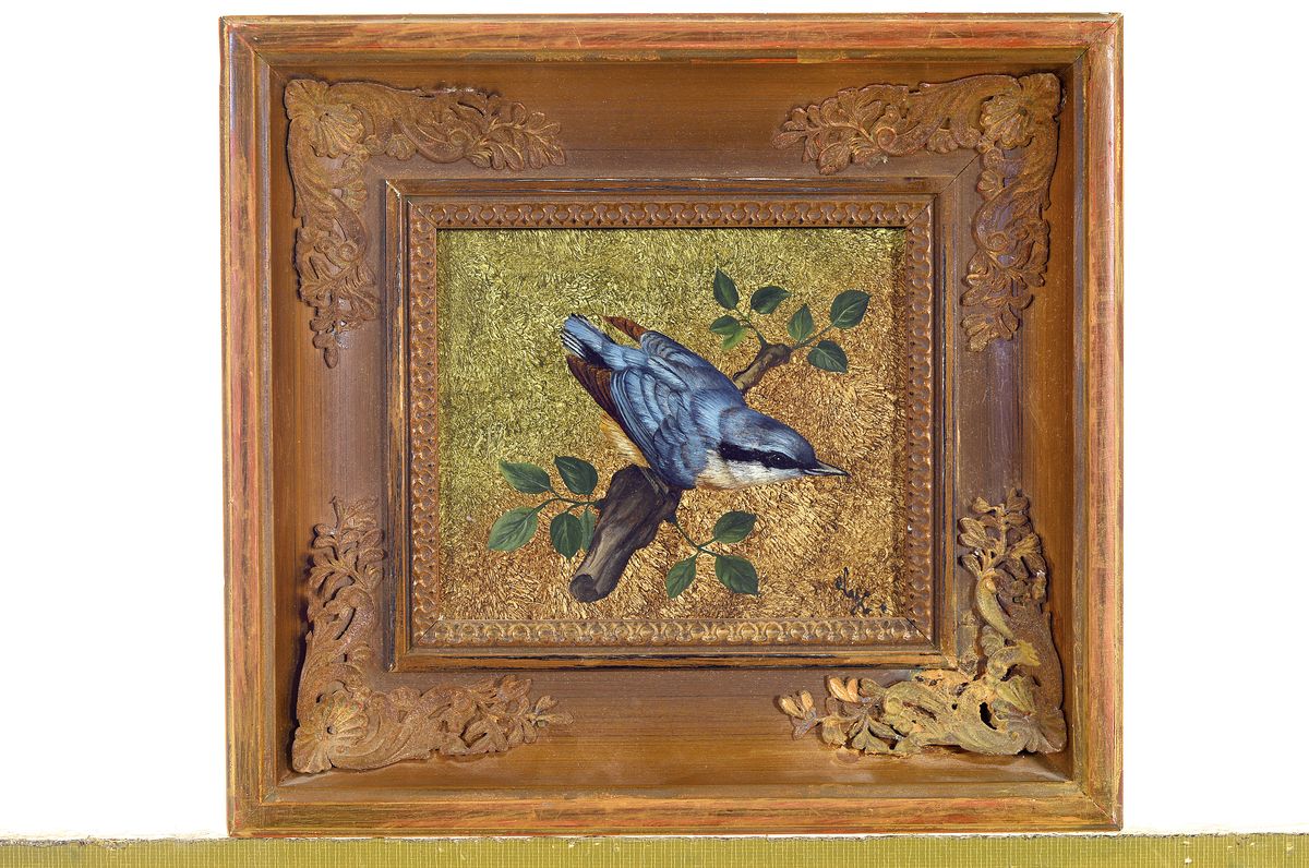 Detail k: Helene Freiin von Krauß, 1870 Millstatt/Kärnten-1950, Paar Ölgemälde auf Holzplatte, Sperling und Eisvogel, je monogrammiert, Alterssp., 12,5x15 ...