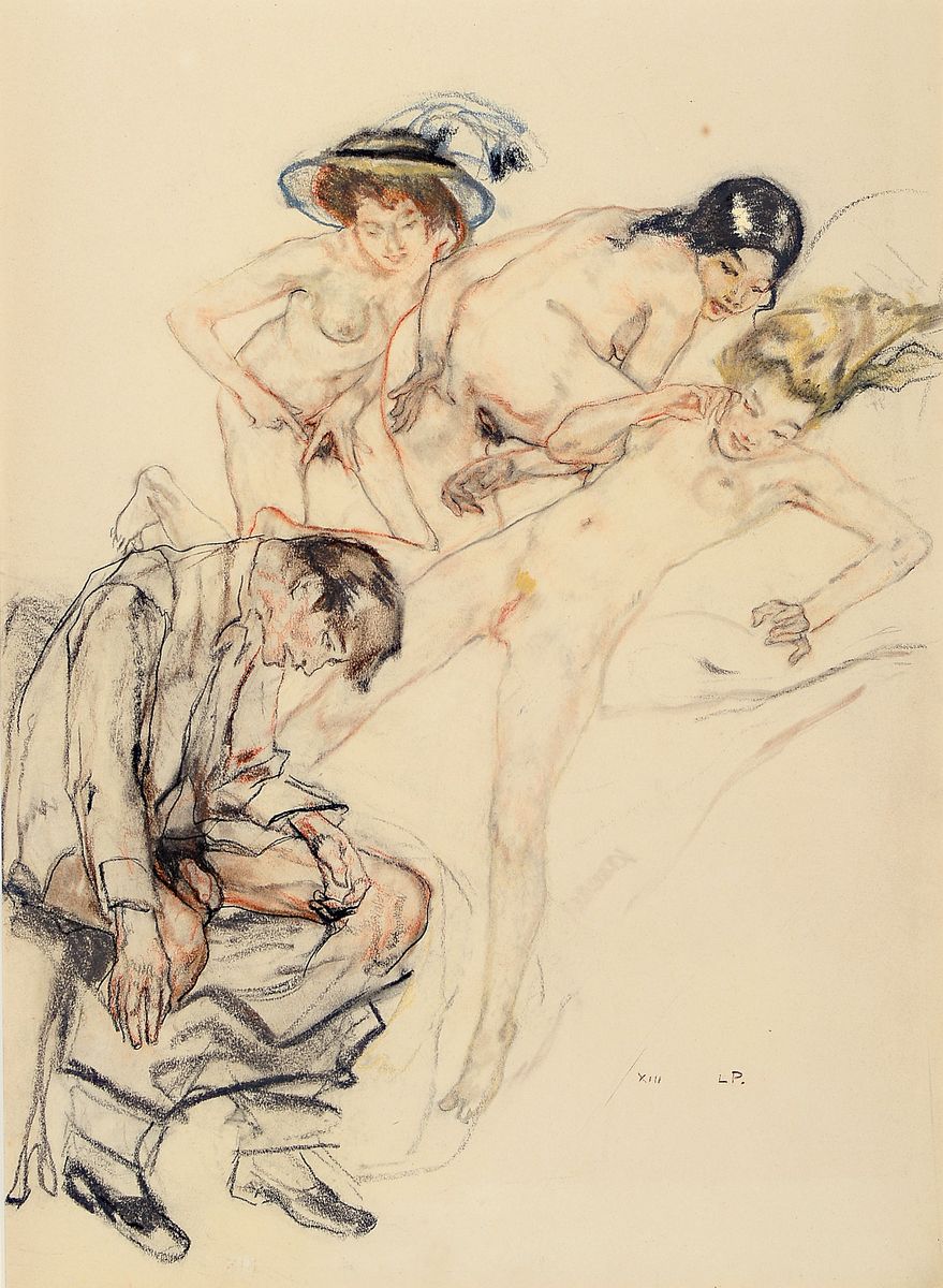 Leo Putz, 1869-1940, monogrammiertes Pastell auf Papier, Nr. XIII aus einer Folge von 14 Erotik Pastellen, um 1924, handmonogrammiert, ca. 49x33,5 ...